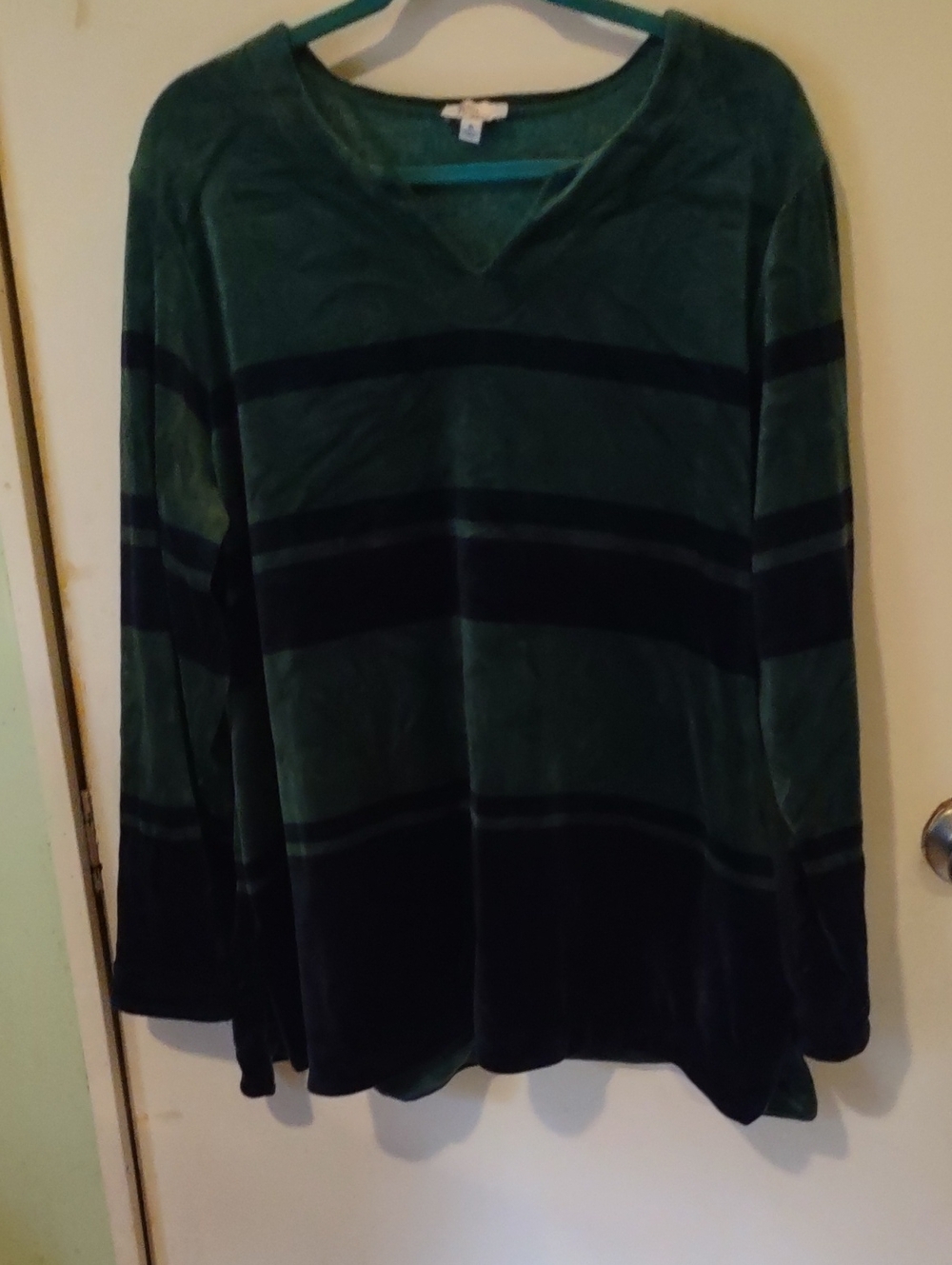 Kim Rogers Dark Green Velvet V-Neck Sweater with Black Stripes